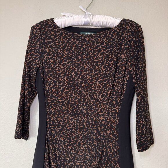 Ralph Lauren Caramel Black Contrast Panel Side Ruched Stretch Jersey Dress $139 - Picture 2 of 8